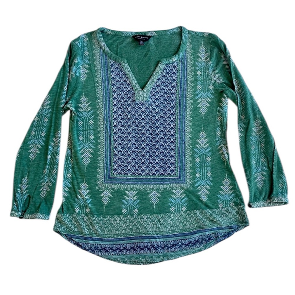 Lucky Brand Women Top S Blue Floral Paisley Boho Shirt 3/4 Sleeve Tee